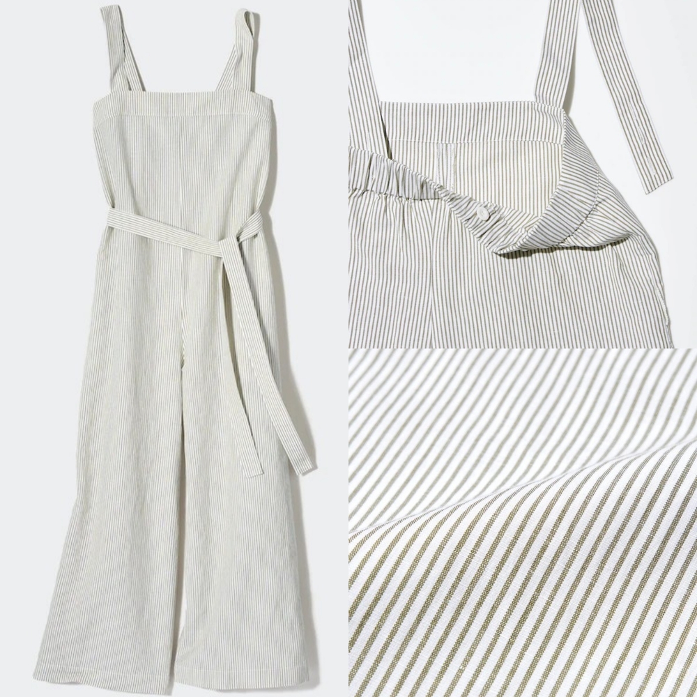 ❤️Uniqlo Striped Linen Blend Jumpsuit in White and Green☆
